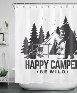 Cartoon Tent Campfire Bear Happy Camper Shower Curtain For An Adventurous Bathroom