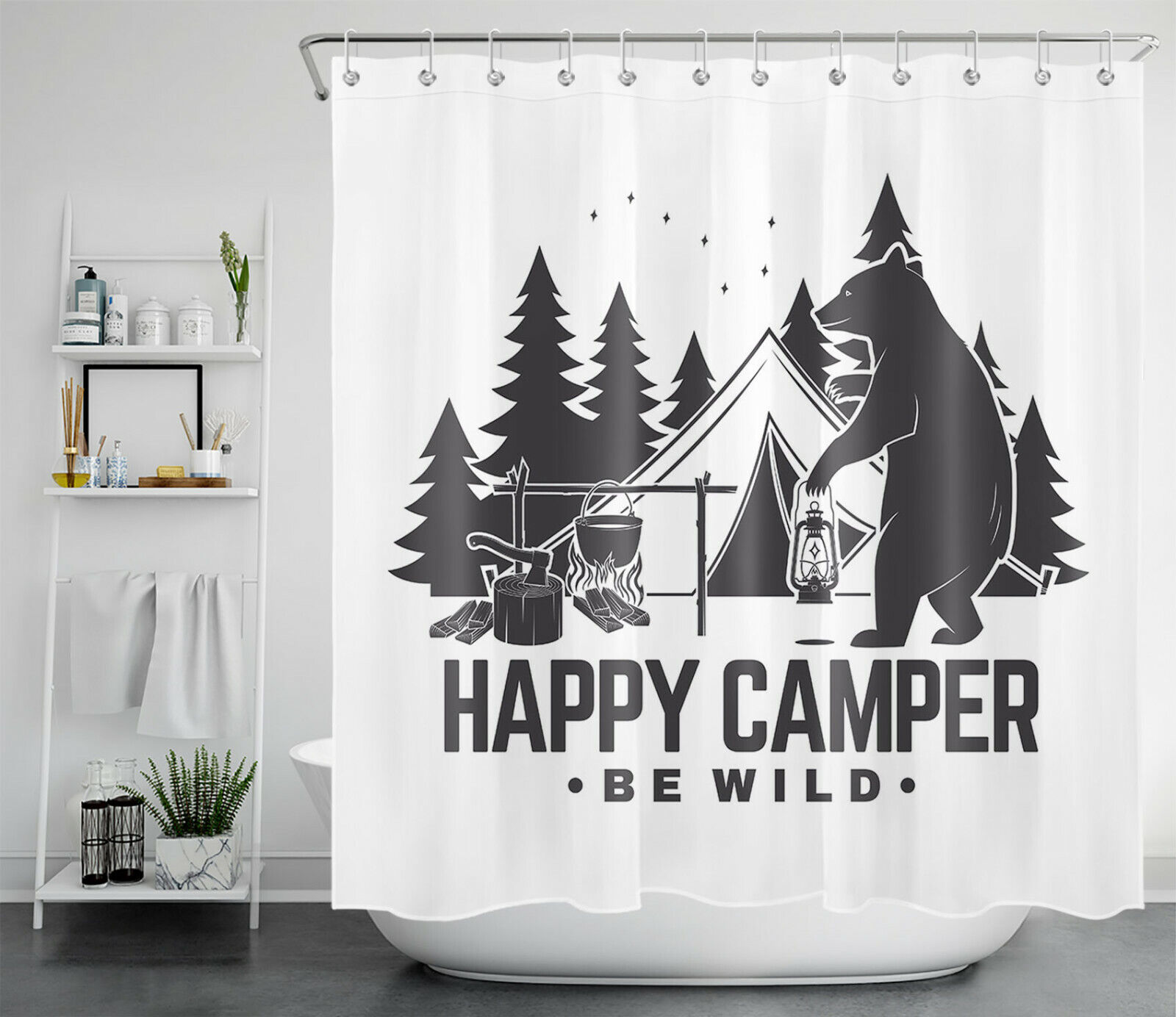 Cartoon Tent Campfire Bear Happy Camper Shower Curtain For An Adventurous Bathroom