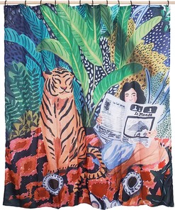 Cartoon Tiger Girl Anime Cool Tropical Green Leaf Art Space Shower Curtain for a Playful Bathroom