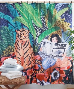 Cartoon Tiger Girl Anime Cool Tropical Green Leaf Art Space Shower Curtain for a Playful Bathroom