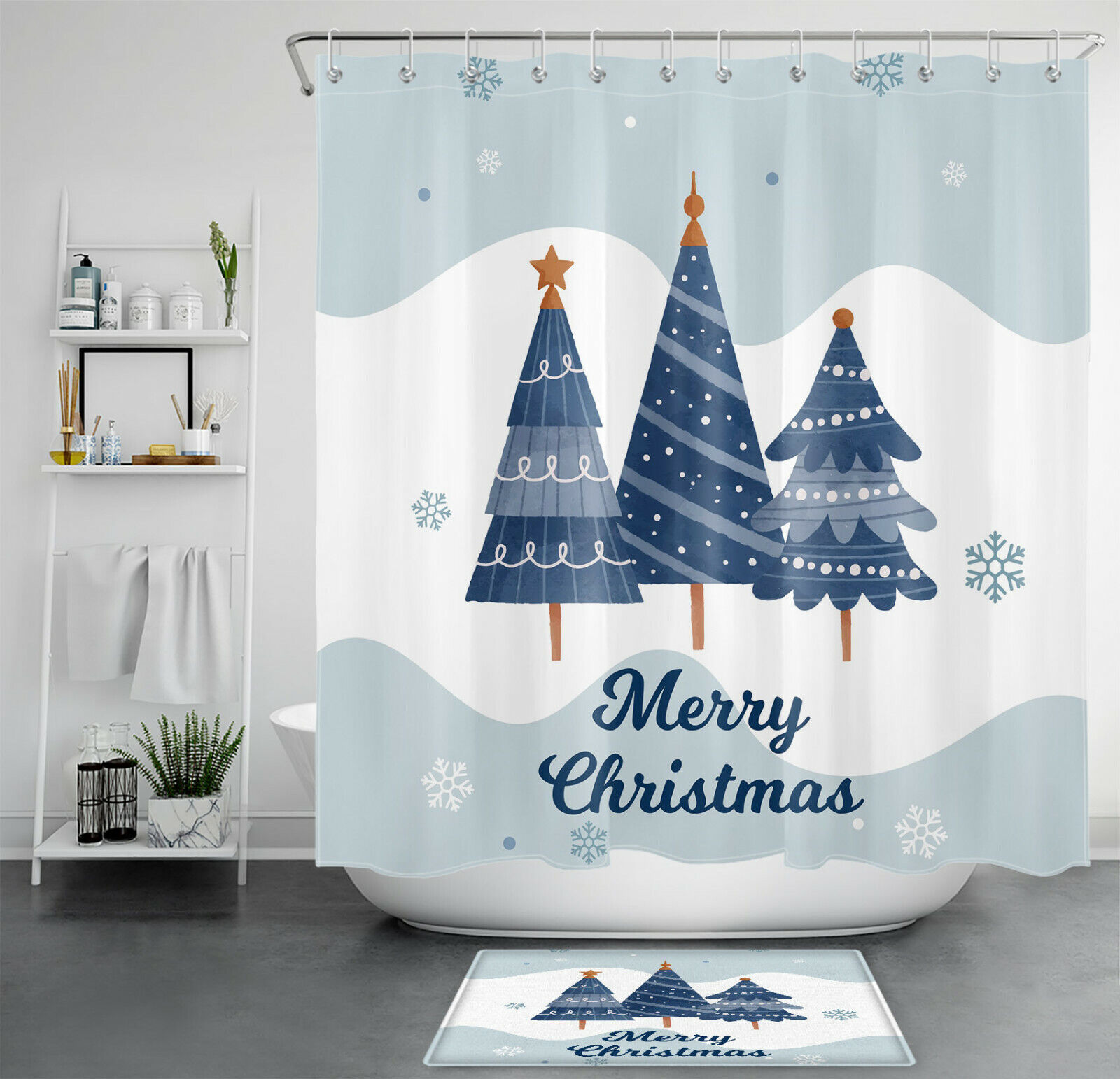 Cartoon Tree Snowflake Christmas Shower Curtain - Festive Bathroom Decor