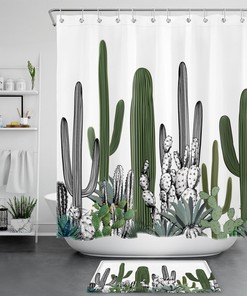 Cartoon Tropical Cactus Shower Curtain with Nature Plants for a Fun and Playful Atmosphere