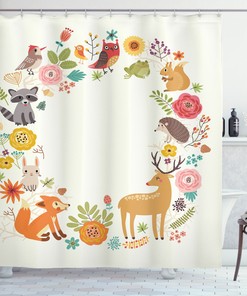Cartoon Wildlife Pattern Forest Shower Curtain For Kids - Forest Shower Curtain Cartoon Wildlife Pattern