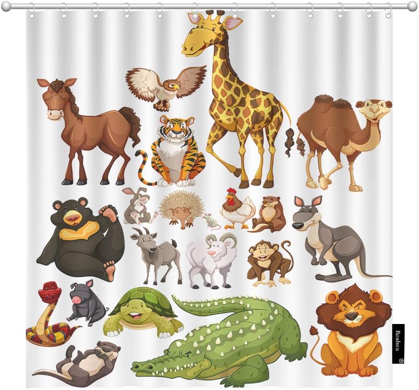 Cartoon Wildlife Shower Curtain, Differ Collection Fabric With Turtle, Camel, Giraffe, And Goat