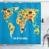 Cartoon World Map Shower Curtain with Wildlife Animals, Waterproof and Educational Design