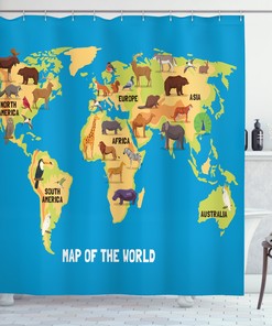 Cartoon World Map Shower Curtain with Wildlife Animals, Waterproof and Educational Design