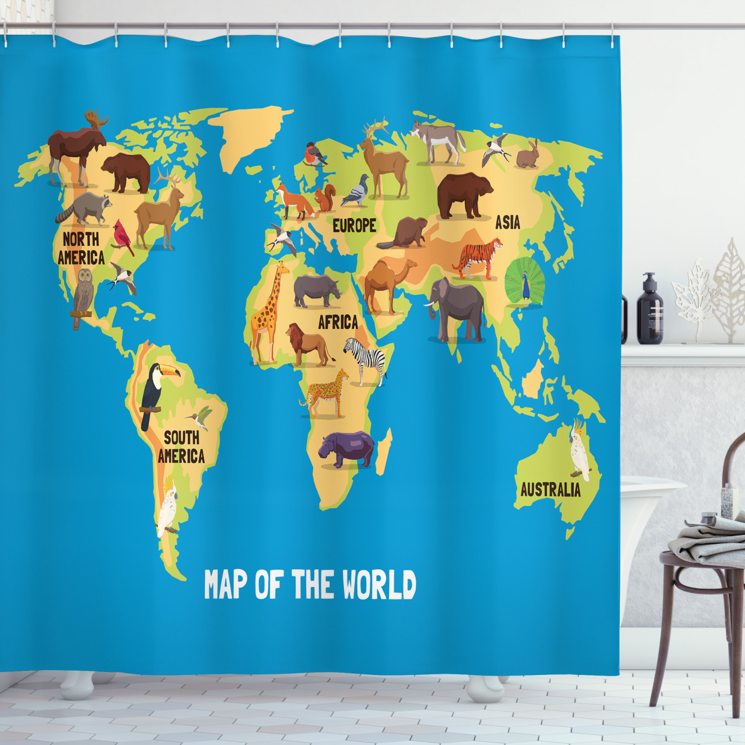 Cartoon World Map Shower Curtain with Wildlife Animals, Waterproof and Educational Design