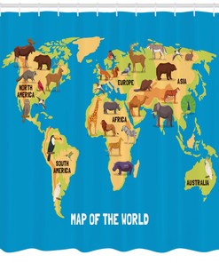 Cartoon World Map Shower Curtain with Wildlife Animals, Waterproof and Educational Design
