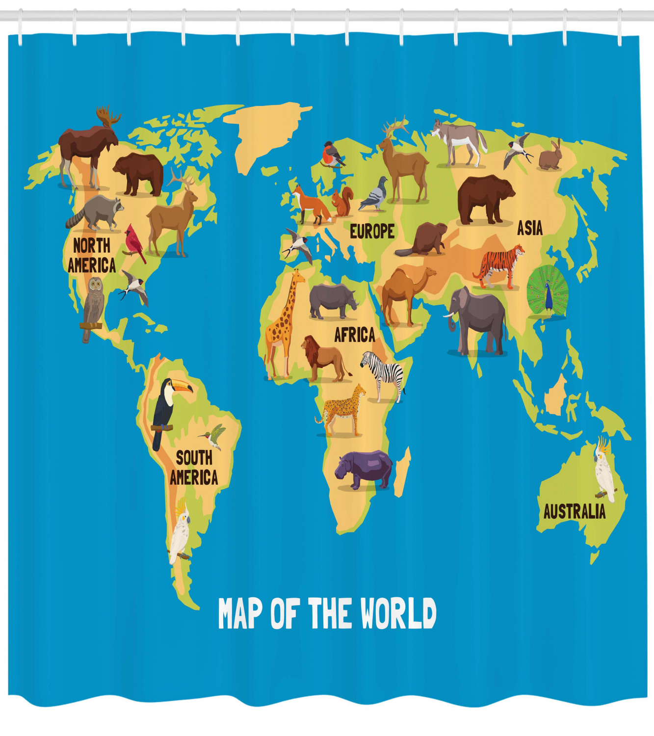 Cartoon World Map Shower Curtain with Wildlife Animals, Waterproof and Educational Design