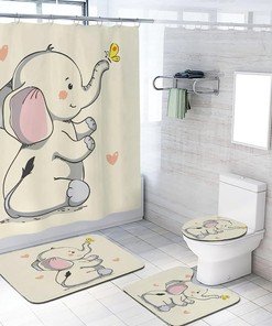 Cartoon Yellow Elephant and Butterfly Print Shower Curtain for Bathroom Decor