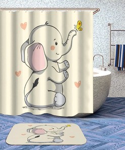Cartoon Yellow Elephant and Butterfly Print Shower Curtain for Bathroom Decor