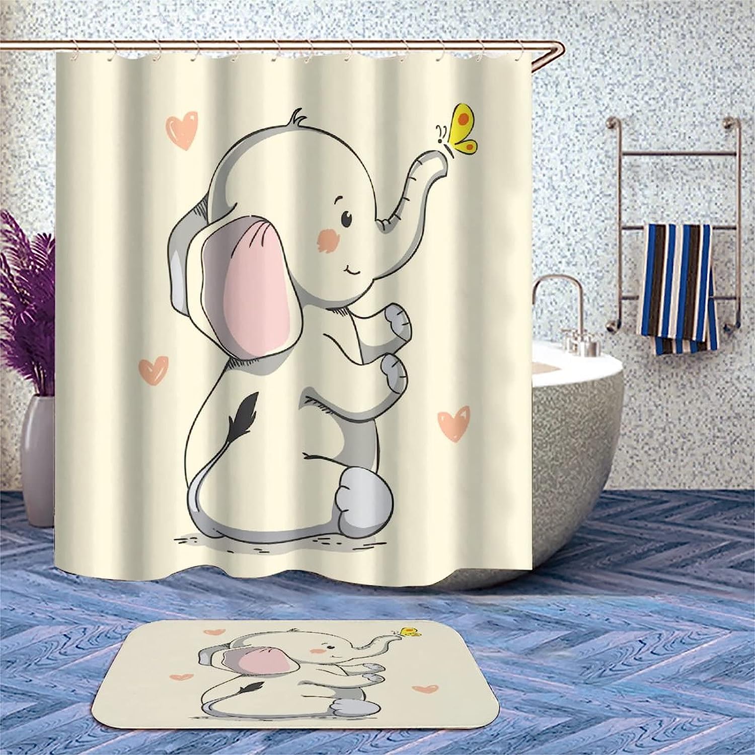 Cartoon Yellow Elephant and Butterfly Print Shower Curtain for Bathroom Decor