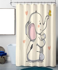 Cartoon Yellow Elephant and Butterfly Print Shower Curtain for Bathroom Decor