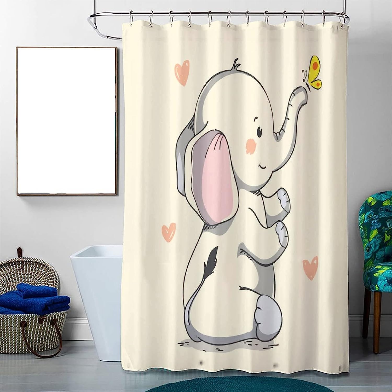 Cartoon Yellow Elephant and Butterfly Print Shower Curtain for Bathroom Decor