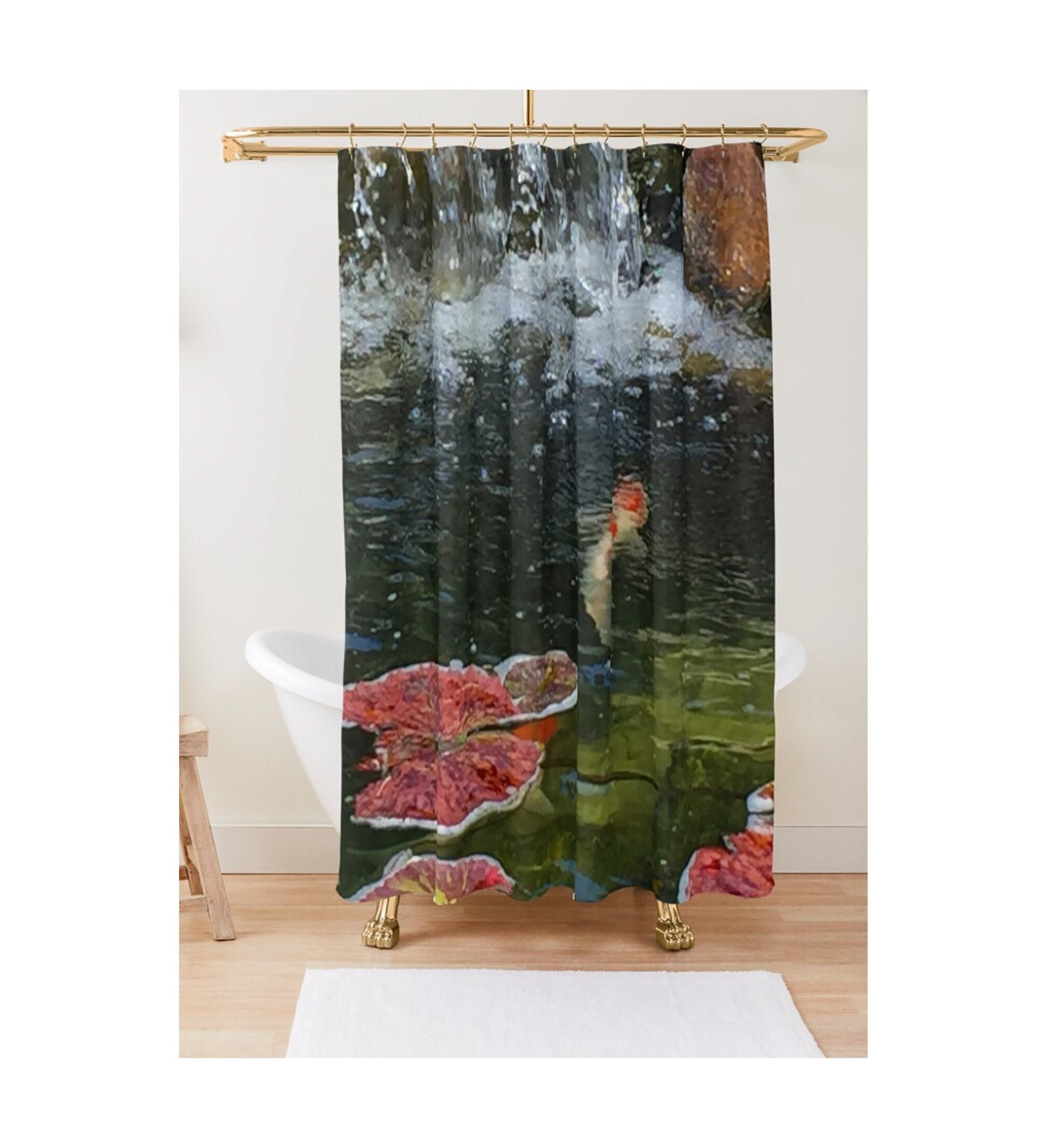 Cascading Water Koi Pond Shower Curtain for Peaceful Bathroom Decor