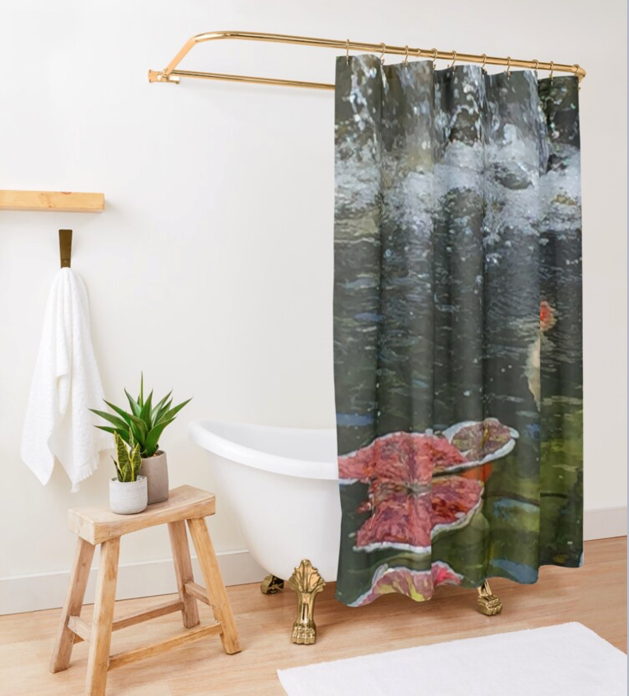 Cascading Water Koi Pond Shower Curtain for Peaceful Bathroom Decor