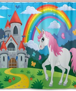 Castle Unicorn Rainbow Shower Curtain For Fantasy Inspired Bathroom Decor