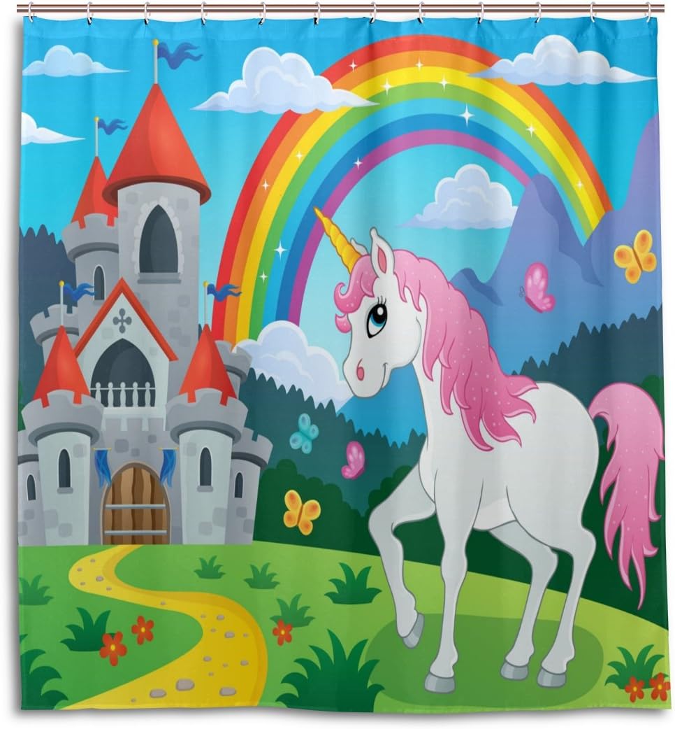 Castle Unicorn Rainbow Shower Curtain For Fantasy Inspired Bathroom Decor