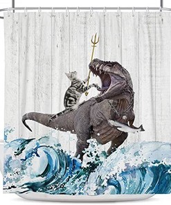 Cat And Dinosaur Japanese Wave Shower Curtain For Kids Bathroom
