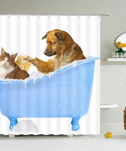 Cat And Dog Bathing Waterproof Shower Curtain For Multi-Sized Bathroom Tub Design