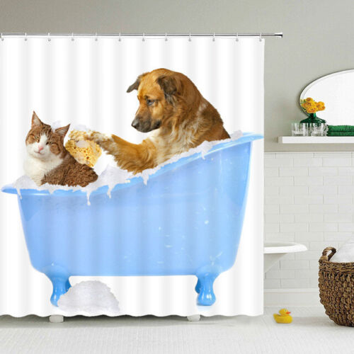 Cat And Dog Bathing Waterproof Shower Curtain For Multi-Sized Bathroom Tub Design