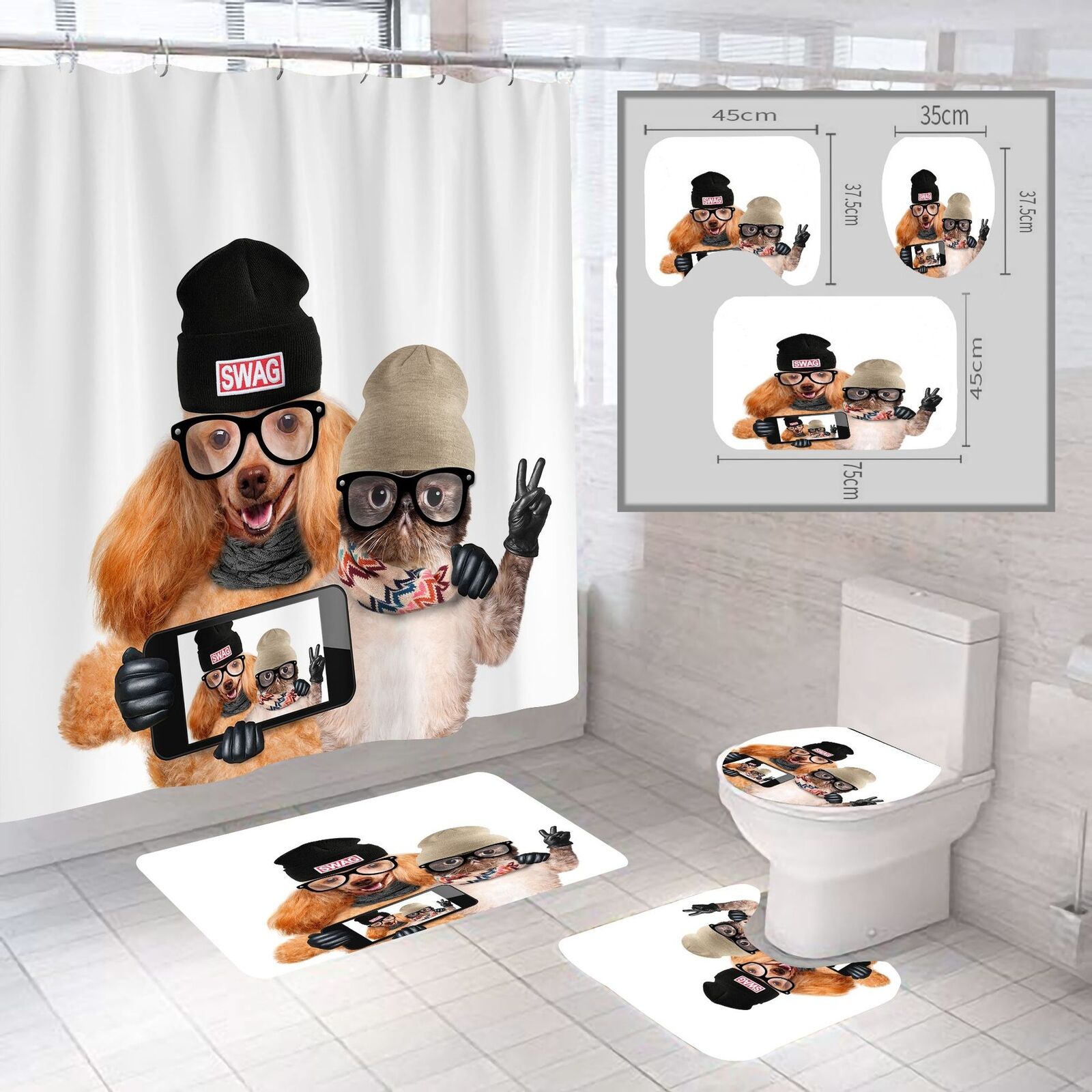 Cat And Dog Photos Fashion Shower Curtain Set - Waterproof