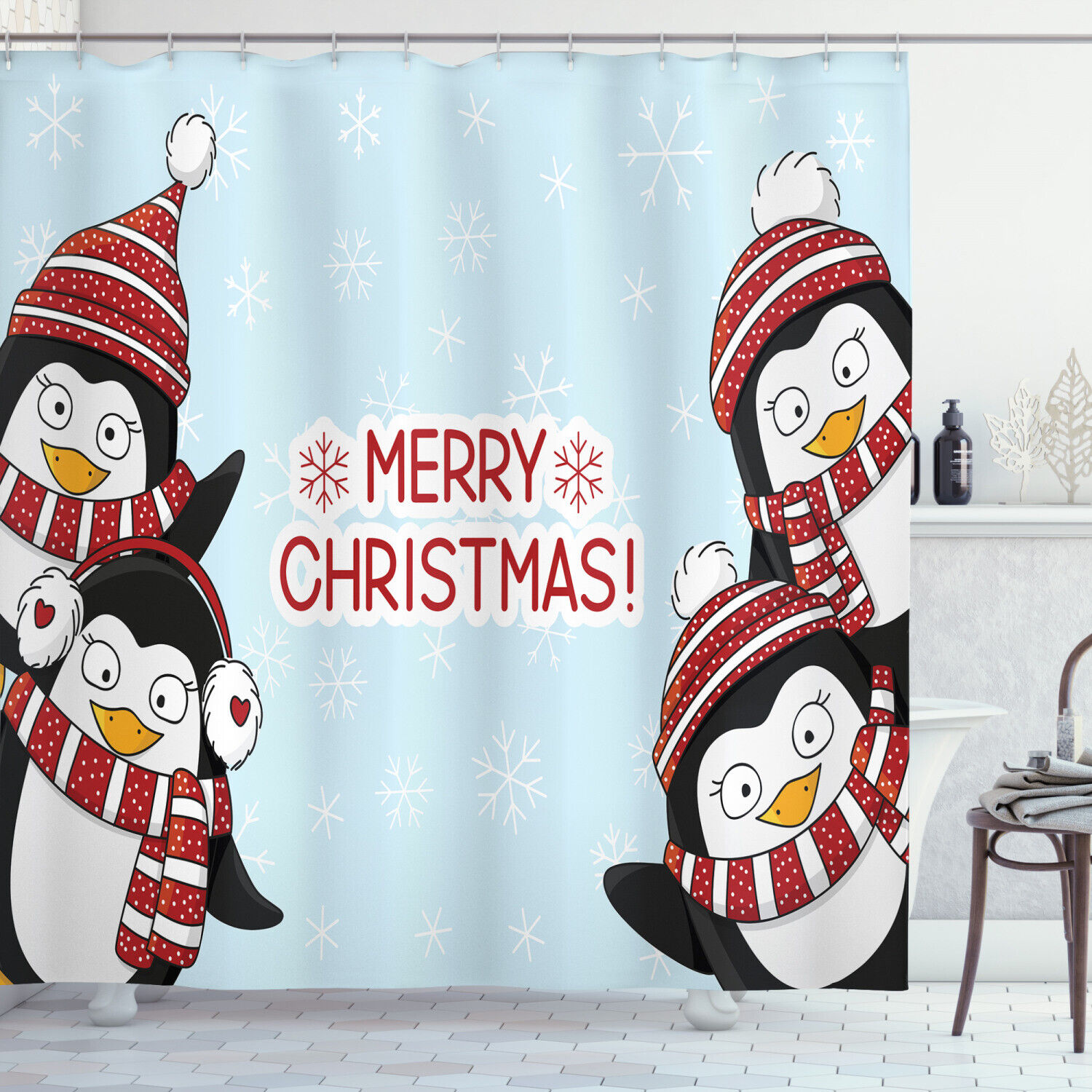 Cat And Dog With Presents Print Fabric Shower Curtain For Festive Bathroom Decor