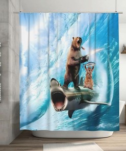 Cat Fish Sea Wave Unique Shower Curtain for Bathroom