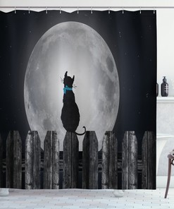 Cat Looking at Moon Shower Curtain for Kitty Bathroom Decor