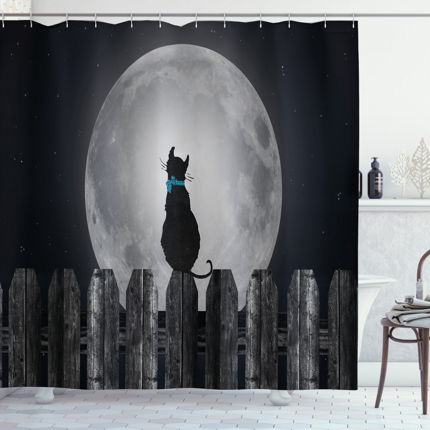 Cat Looking at Moon Shower Curtain for Kitty Bathroom Decor