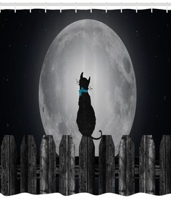 Cat Looking at Moon Shower Curtain for Kitty Bathroom Decor