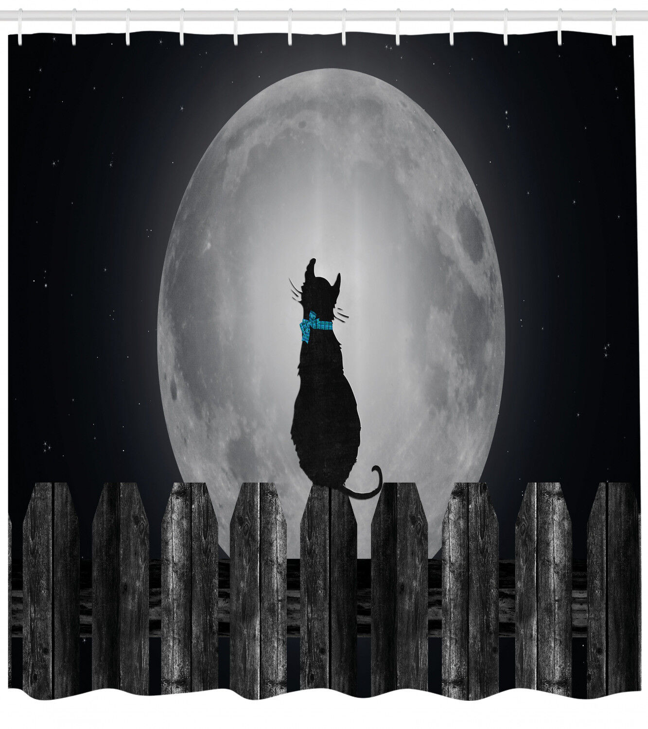 Cat Looking at Moon Shower Curtain for Kitty Bathroom Decor