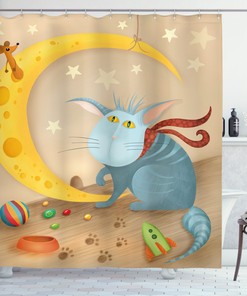 Cat Mouse Crescent Moon Printed Shower Curtain for Kid's Bathroom Decor- Waterproof and Cute 
