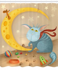 Cat Mouse Crescent Moon Printed Shower Curtain for Kid's Bathroom Decor- Waterproof and Cute