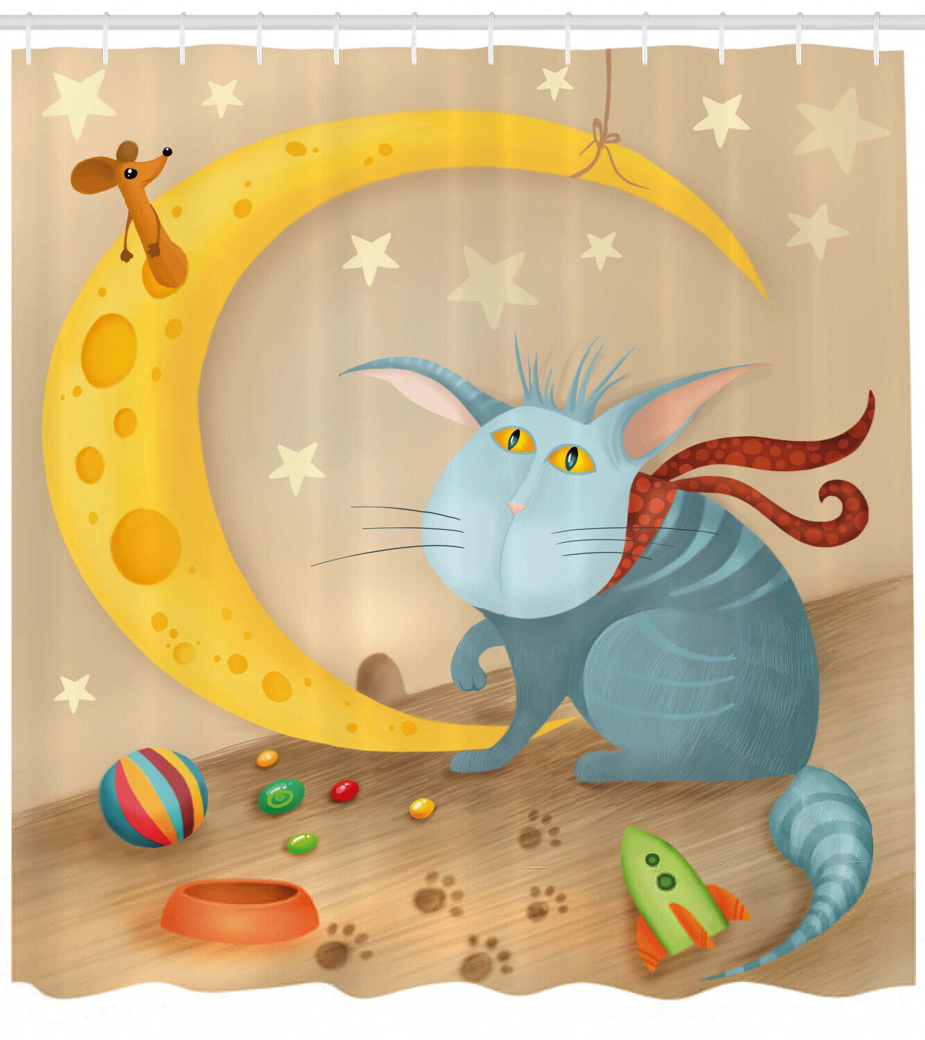 Cat Mouse Crescent Moon Printed Shower Curtain for Kid's Bathroom Decor- Waterproof and Cute