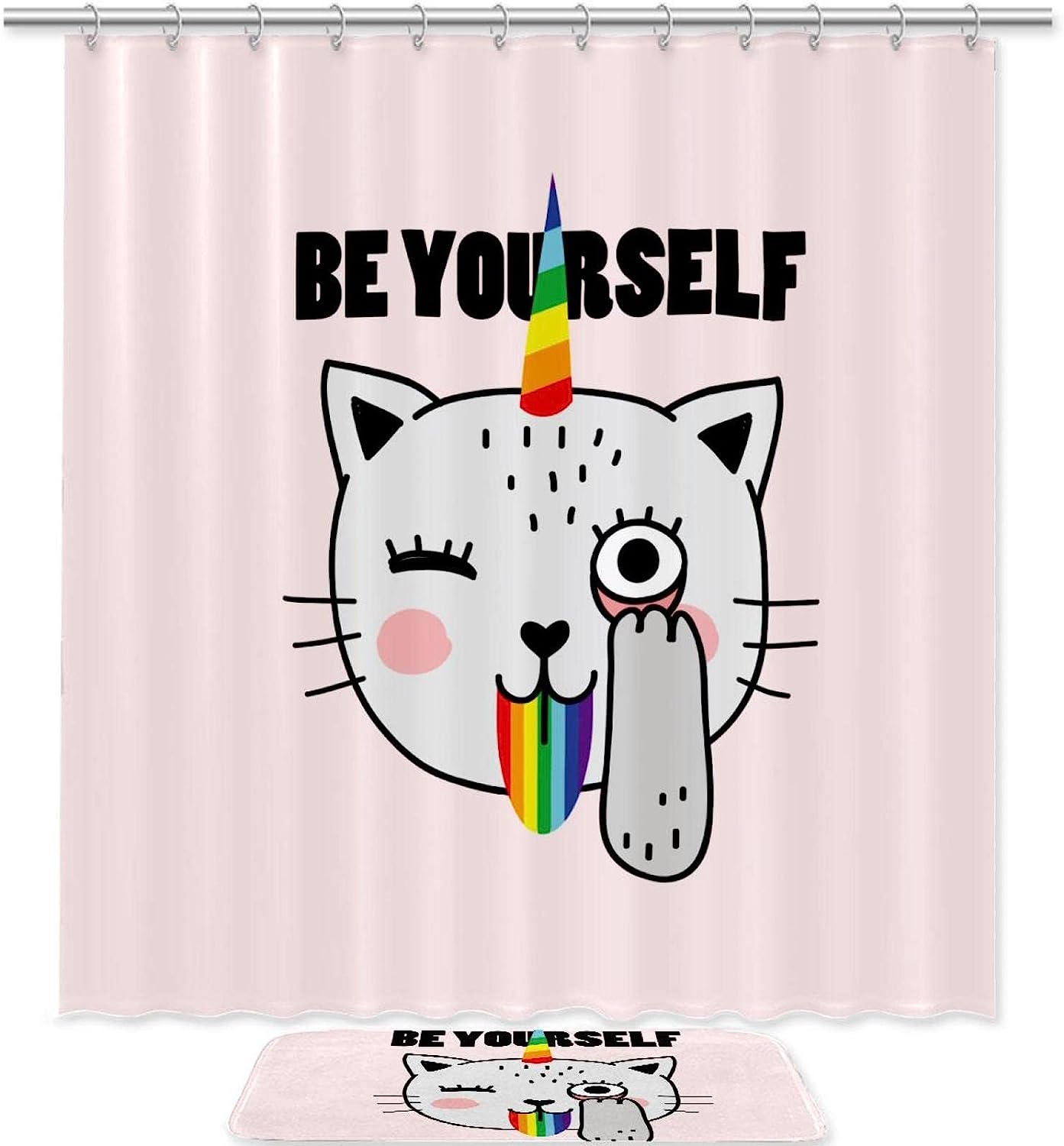 Cat Rainbow Unicorn Shower Curtain With Waterproof Fabric And Cute Rainbow Design