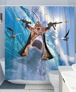 Cat Riding Shark Ocean Theme Shower Curtain - Funny Bathroom Decor For Cat Lovers