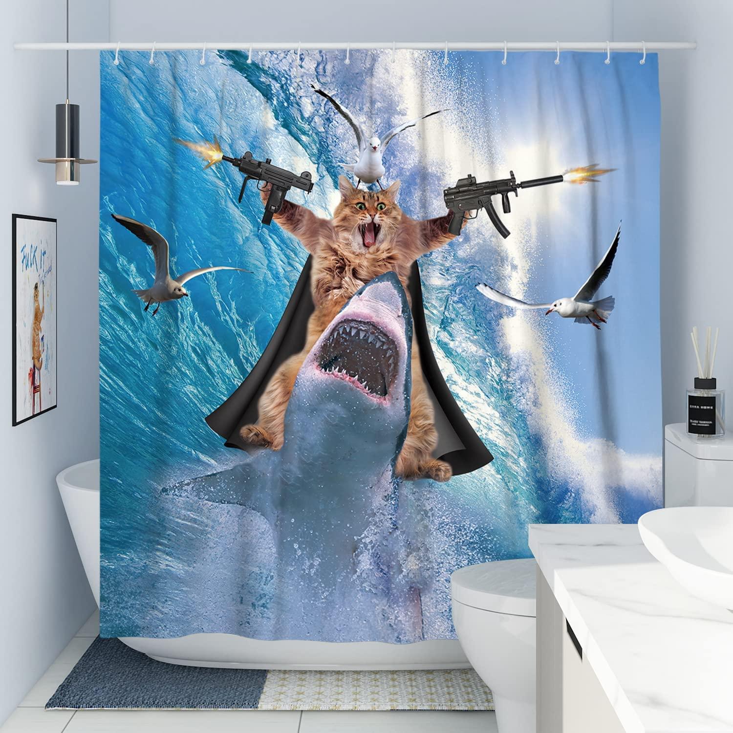 Cat Riding Shark Ocean Theme Shower Curtain - Funny Bathroom Decor For Cat Lovers