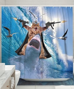 Cat Riding Shark Ocean Theme Shower Curtain - Funny Bathroom Decor For Cat Lovers
