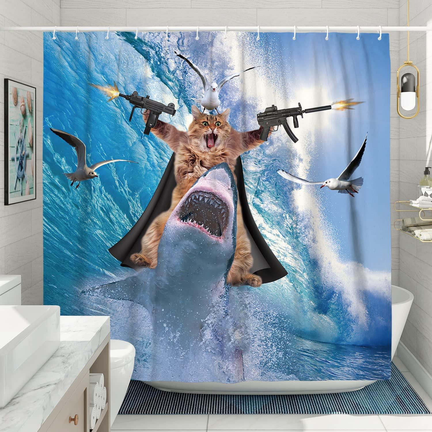 Cat Riding Shark Ocean Theme Shower Curtain - Funny Bathroom Decor For Cat Lovers