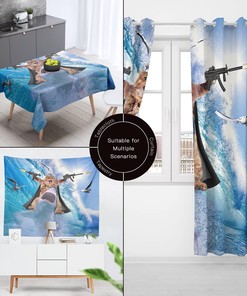 Cat Riding Shark Ocean Theme Shower Curtain - Funny Bathroom Decor For Cat Lovers