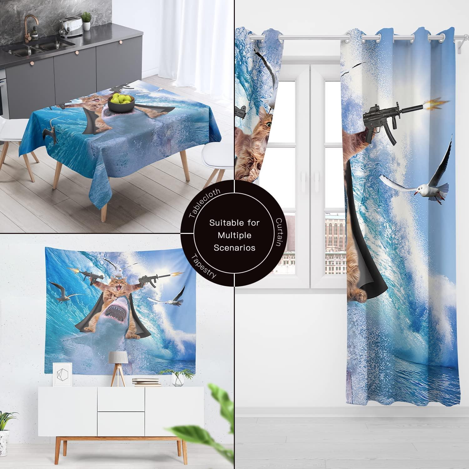 Cat Riding Shark Ocean Theme Shower Curtain - Funny Bathroom Decor For Cat Lovers