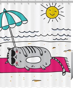 Cat Sun Sand Beach Travel Shower Curtain for Bathroom