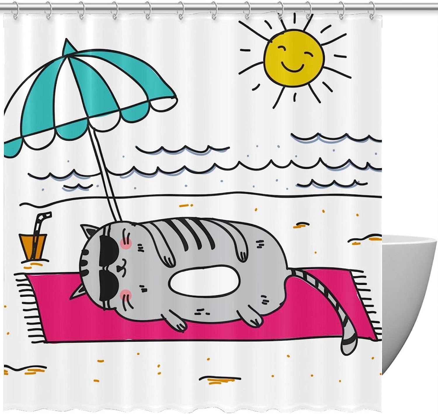 Cat Sun Sand Beach Travel Shower Curtain for Bathroom