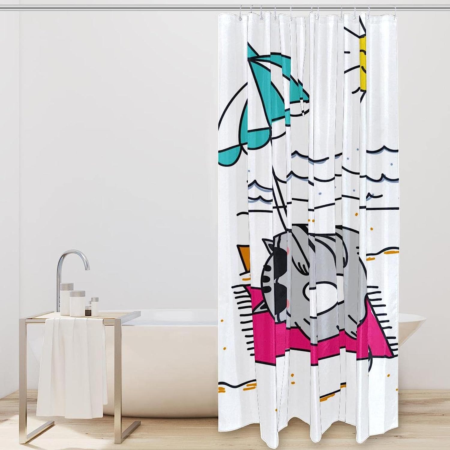 Cat Sun Sand Beach Travel Shower Curtain for Bathroom