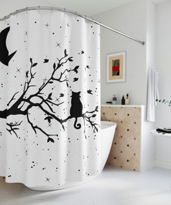 Cat on Limb Moon and Starry Night Shower Curtain