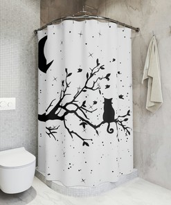 Cat on Limb Moon and Starry Night Shower Curtain