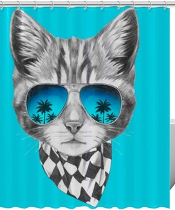 Cat with Mirror Sunglasses Hawaii Palm Tree and Scarf Shower Curtain - A Cool Addition to Your Bathroom 