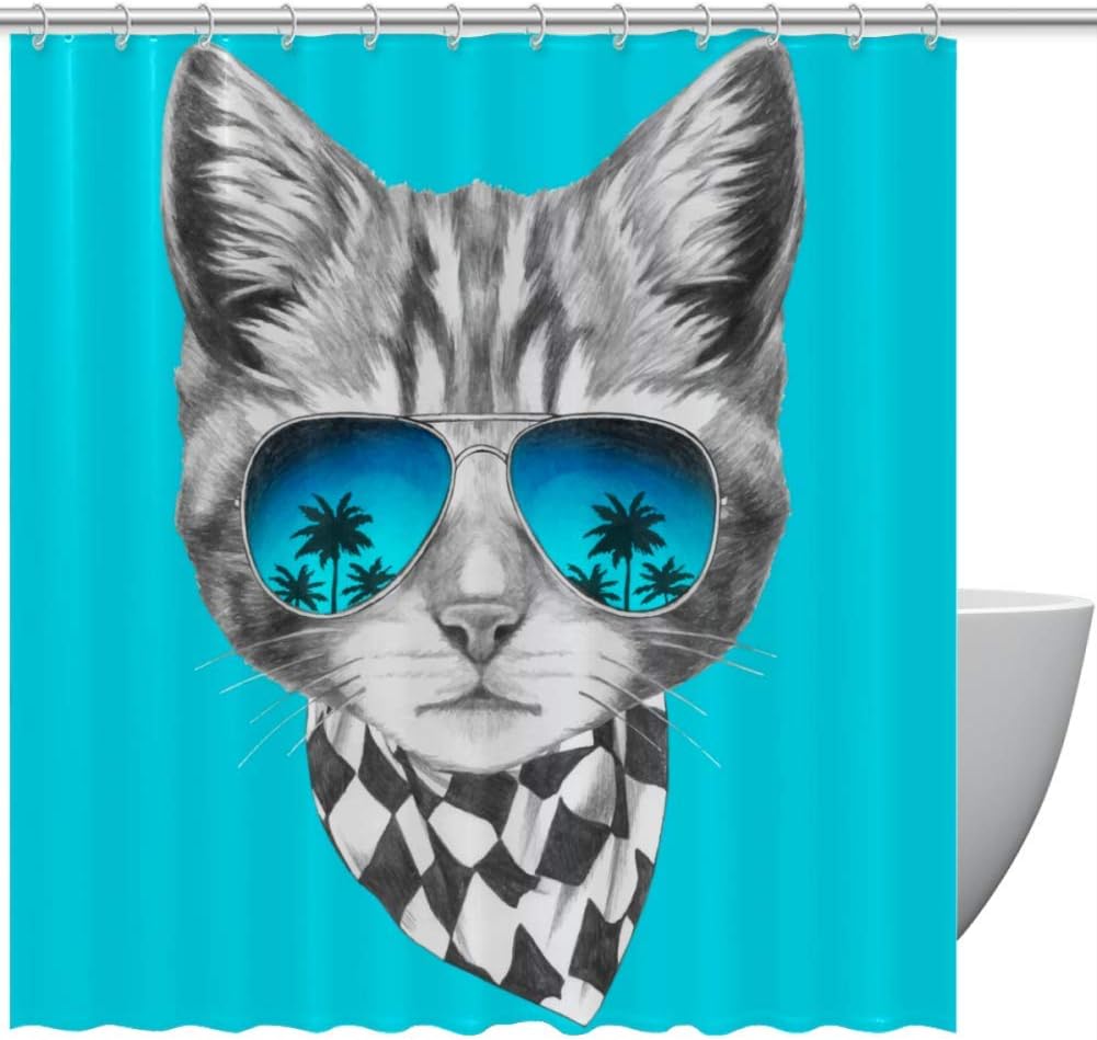 Cat with Mirror Sunglasses Hawaii Palm Tree and Scarf Shower Curtain - A Cool Addition to Your Bathroom