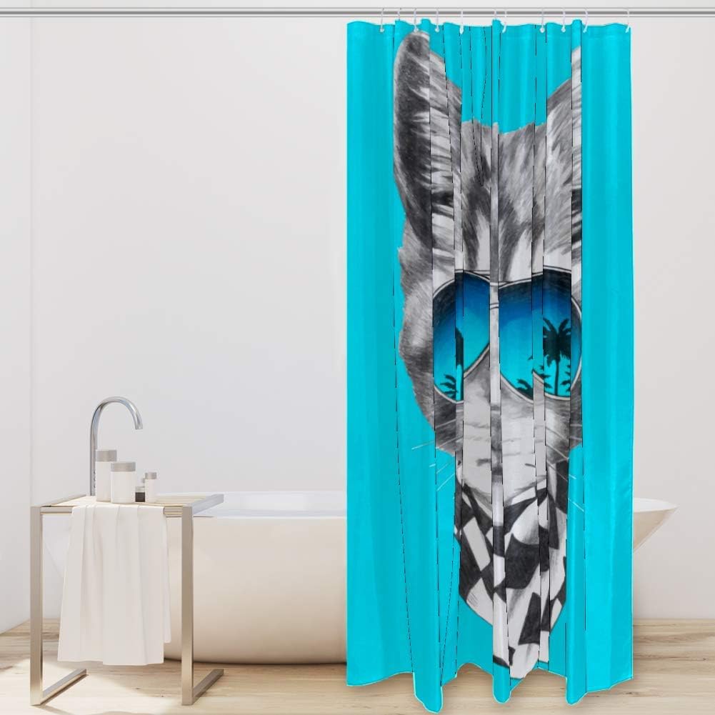 Cat with Mirror Sunglasses Hawaii Palm Tree and Scarf Shower Curtain - A Cool Addition to Your Bathroom